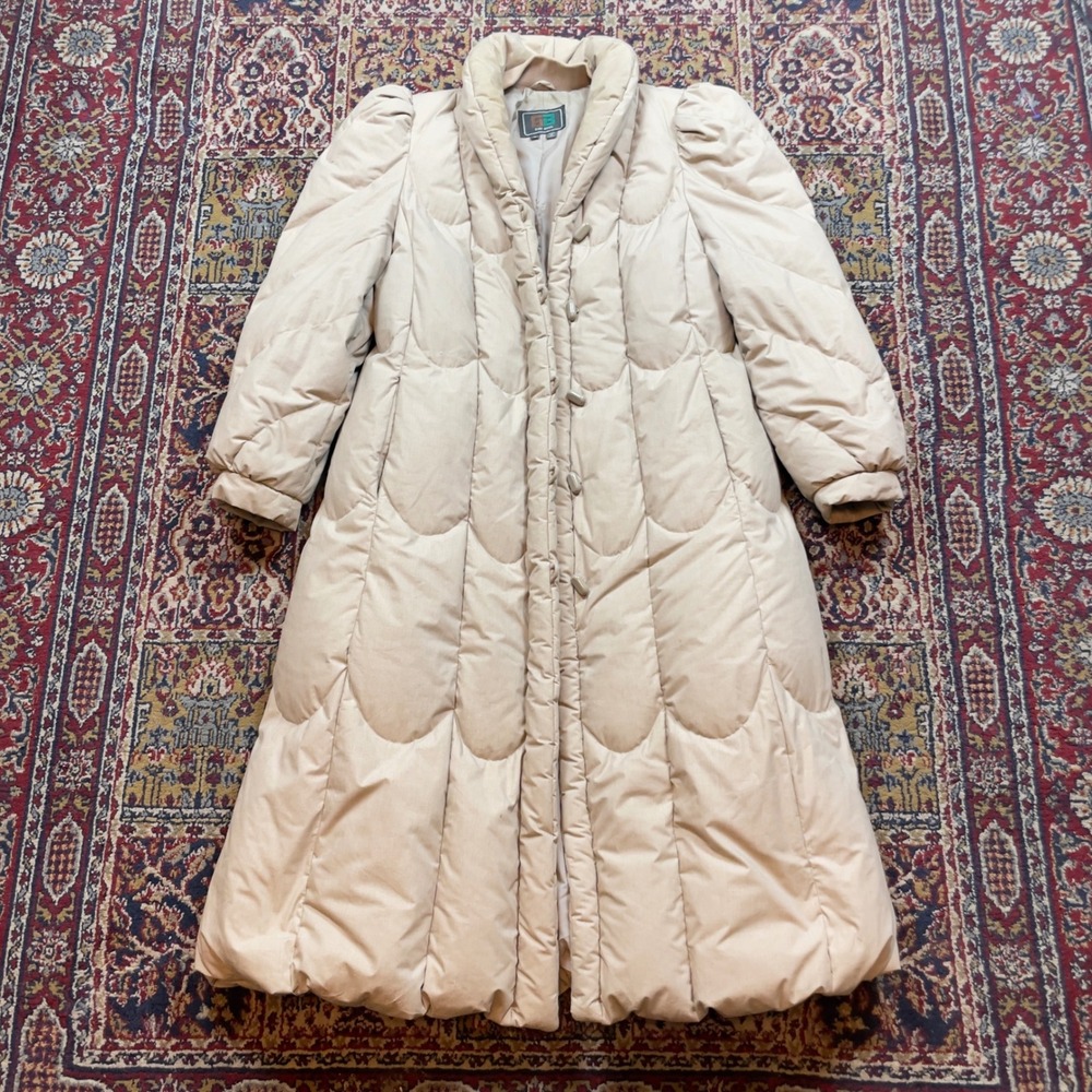 VTG 70s 80s Bibi Bros Beige Down Fill Puffer Coat Long Sleeve‎ Full Length Zip M